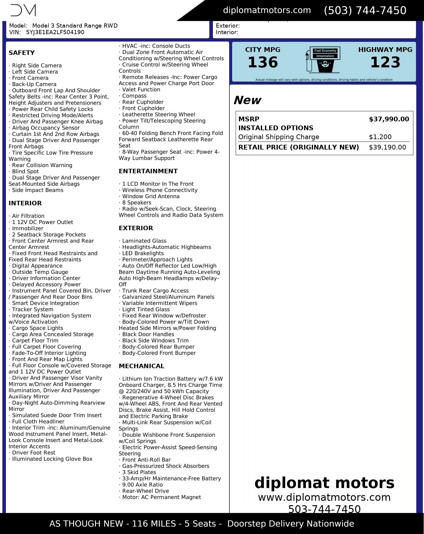 2020 Tesla Model 3 Standard Range Plus