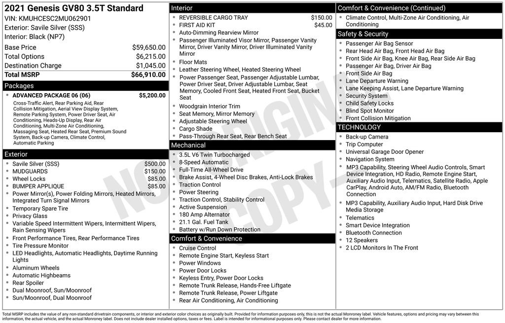 2021 Genesis Gv80 3.5T