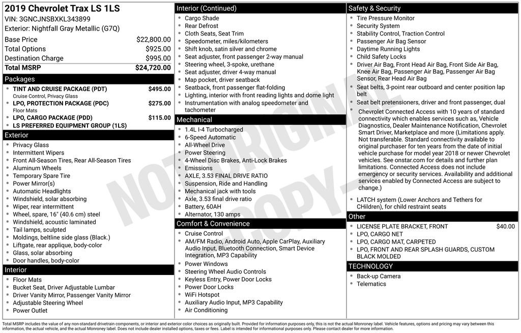 Used 2019 Chevrolet Trax LS w/ Tint and Cruise Package
