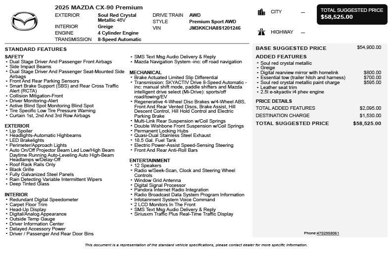 2025 MAZDA Cx-90 Plug-In Hybrid w/Premium Sport