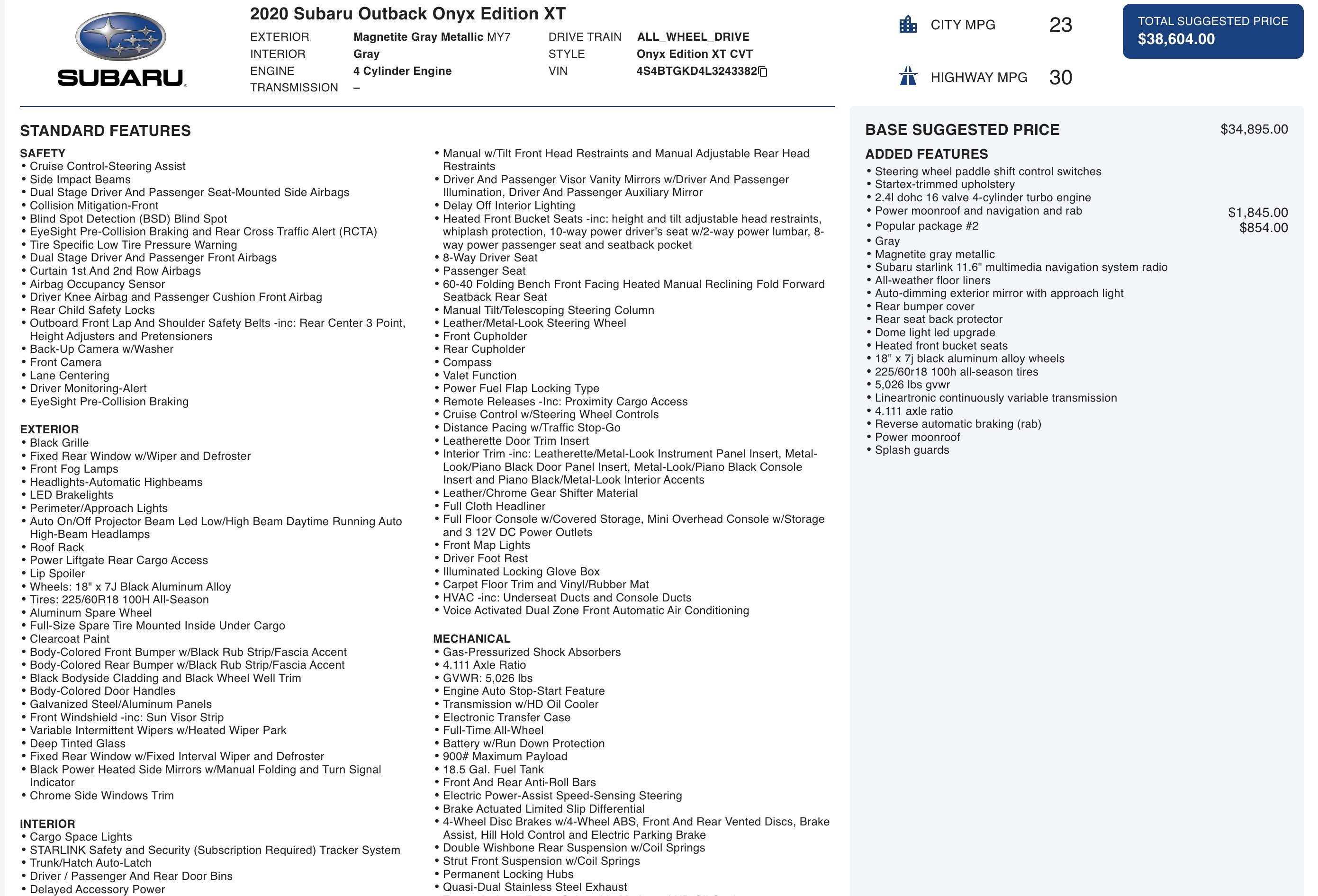 2020 Subaru Outback Onyx Edition XT