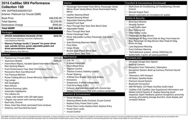 Used 2016 Cadillac SRX Performance w/ Driver Awareness Package