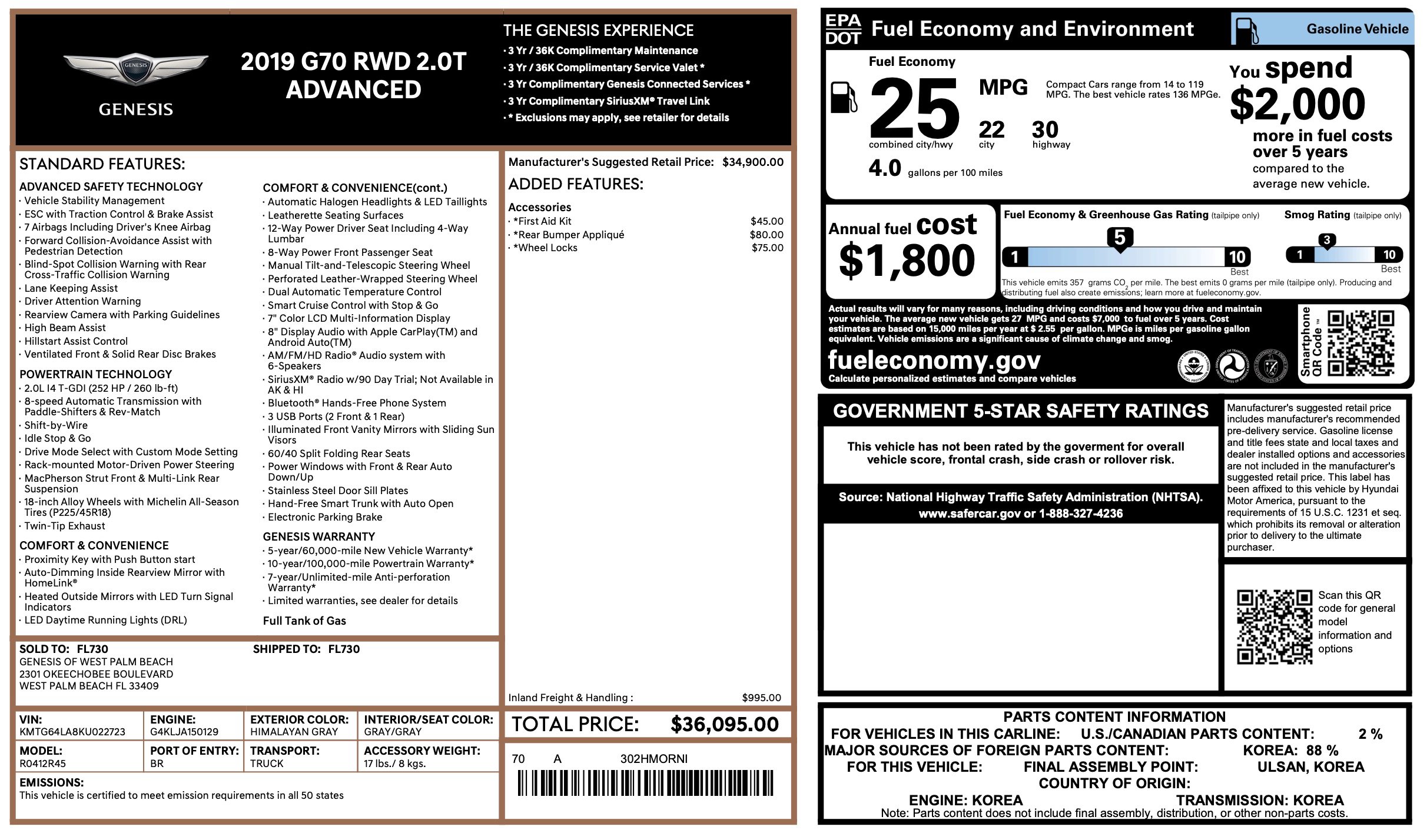 2019 Genesis G70 2.0T Advanced