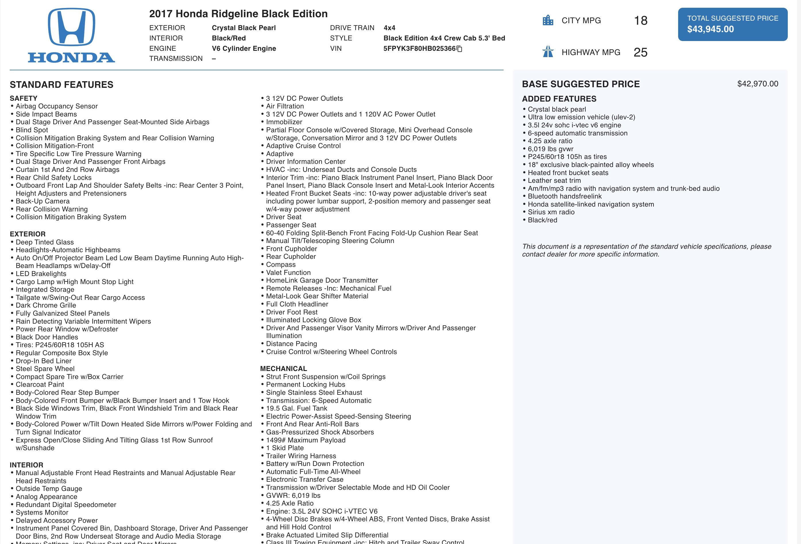 2017 Honda Ridgeline Black Edition