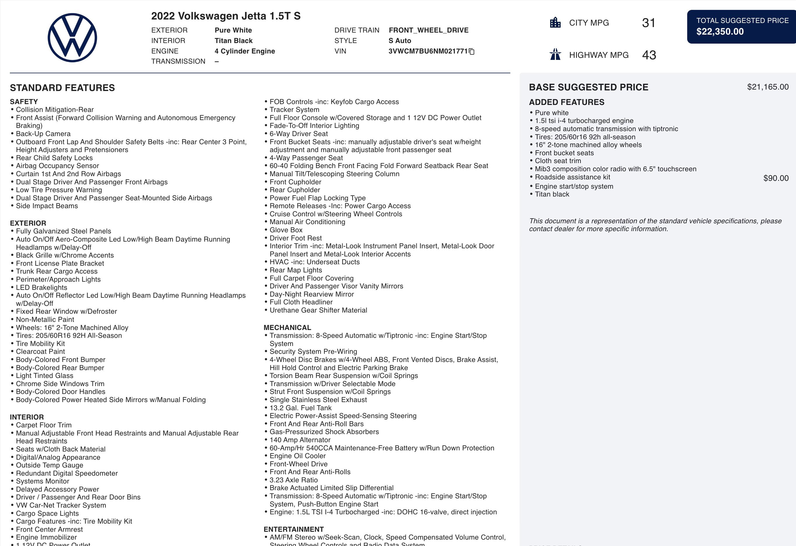 2022 Volkswagen Jetta S