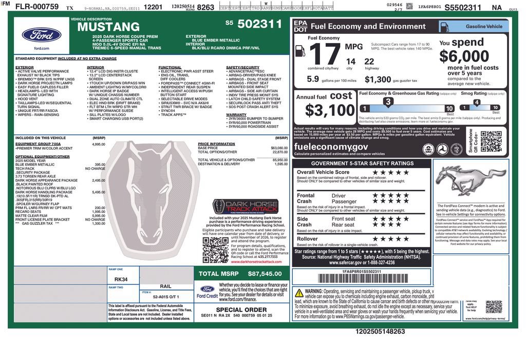 Used 2025 Ford Mustang Dark Horse w/ Dark Horse Handlin Package