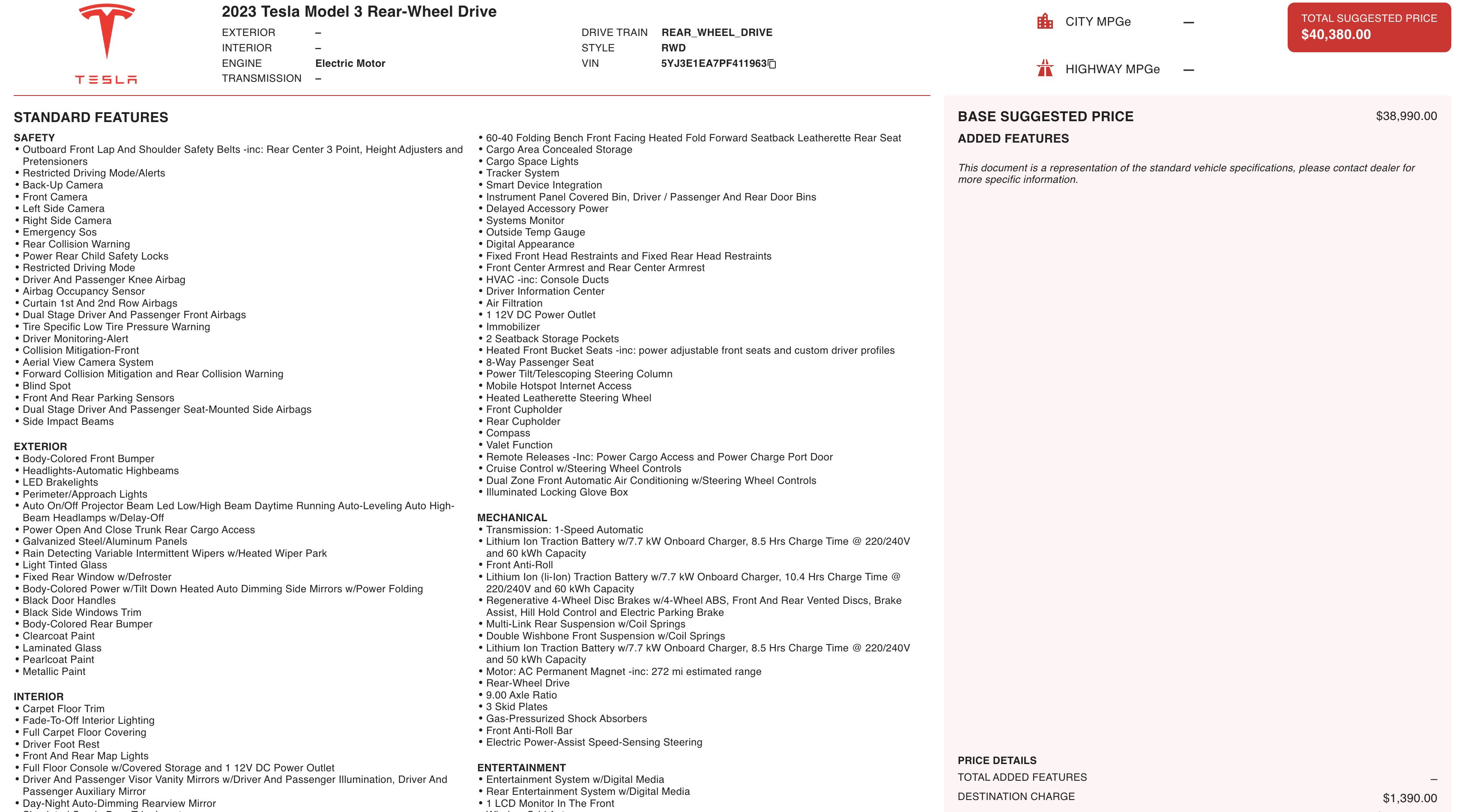 2023 Tesla Model 3 Standard Range