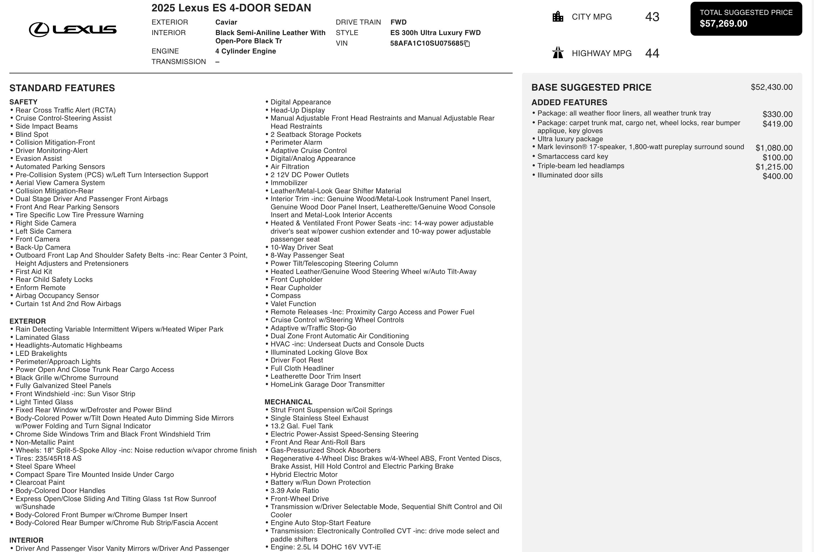 2025 Lexus ES 300h Ultra Luxury