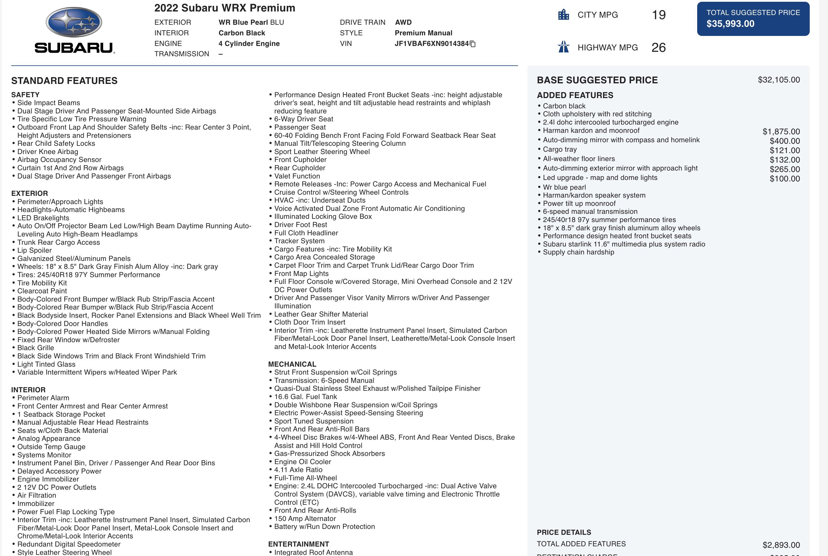 2022 Subaru WRX Premium