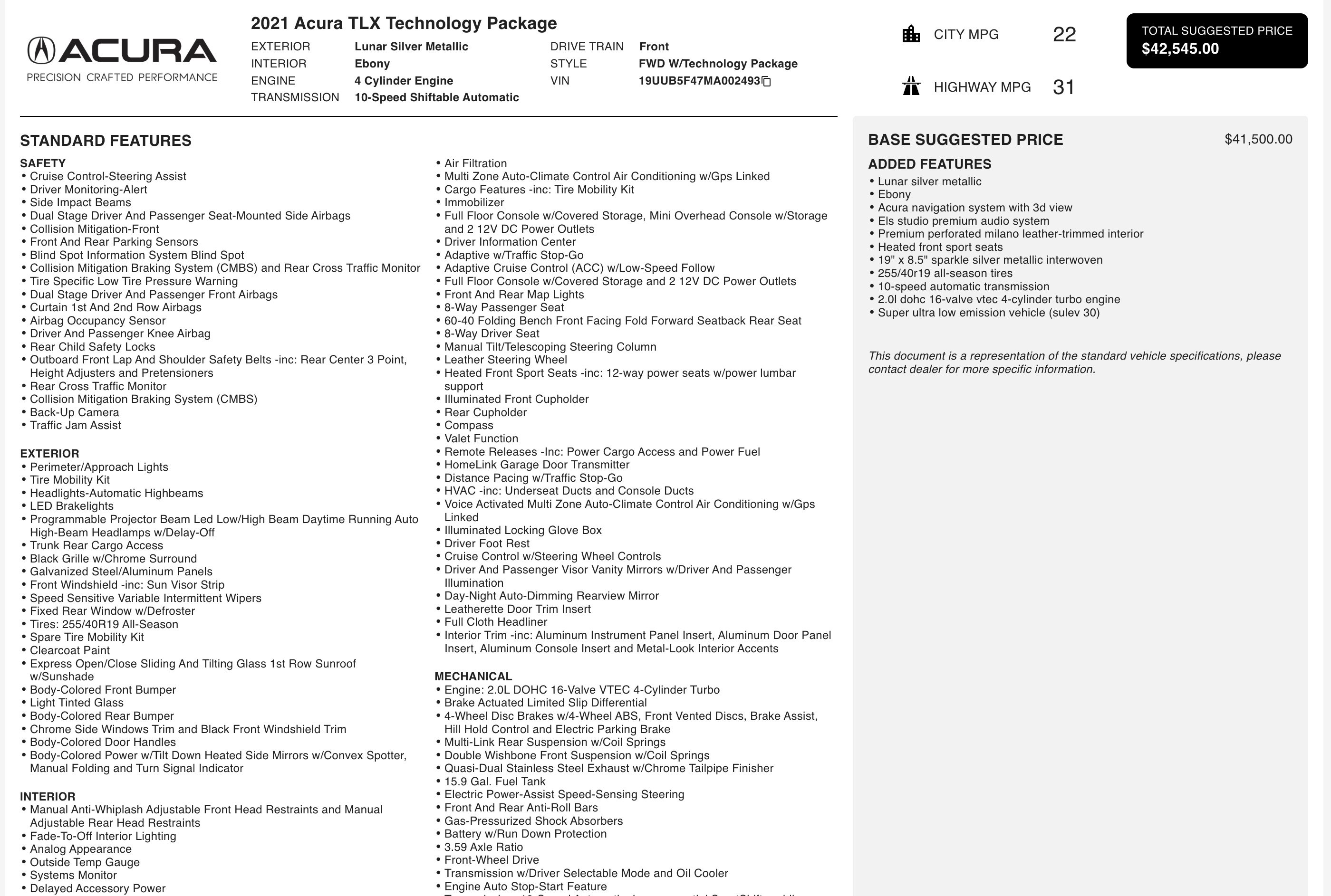 2021 Acura TLX w/ Technology Package