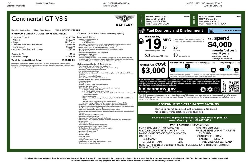2015 Bentley Continental GT V8 S