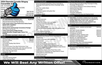 New 2026 Chevrolet Corvette Stingray Premium Conv w/ Z51 Performance Package