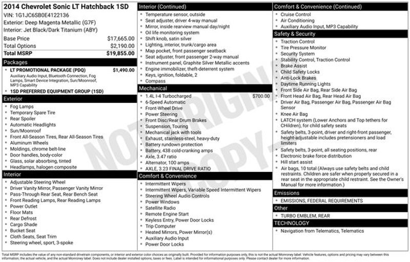 Used 2014 Chevrolet Sonic LT w/ LT Promotional Package image 1